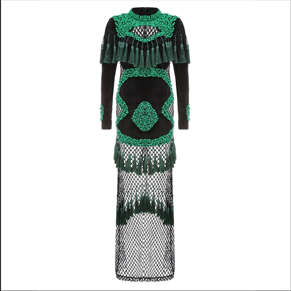 Long Sleeve  Green Beading Tassel Long Dress